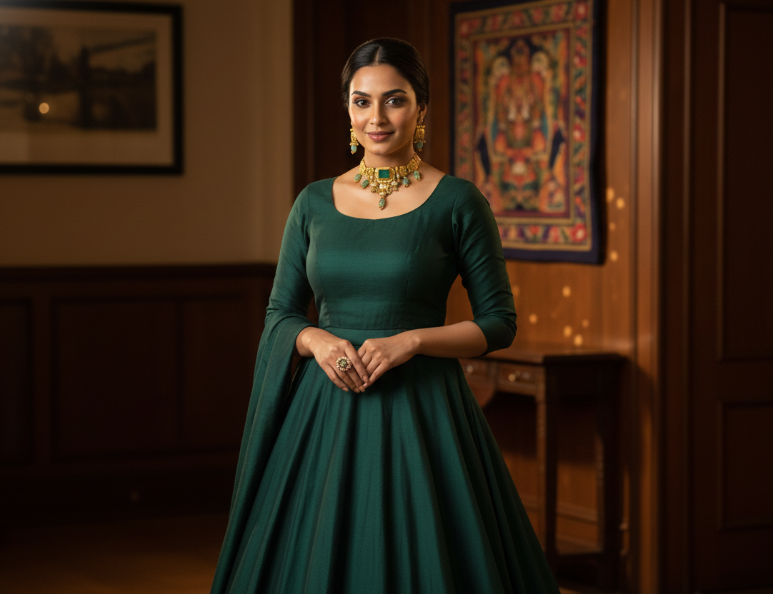 Traditional Gold-Tone Kundan Choker Necklace Set with Green Stone & Matching Earrings | Adjustable Thread Closure | Ethnic Indian Jewelry for Women