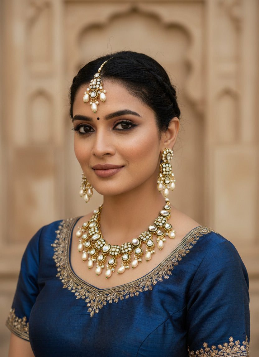 Kundan Bridal Jewellery Set for Women – Necklace, Earrings & Maang Tikka | Pearl & Stone Studded Wedding Wear Set | Premium Gold-Plated Indian Ethnic Jewellery