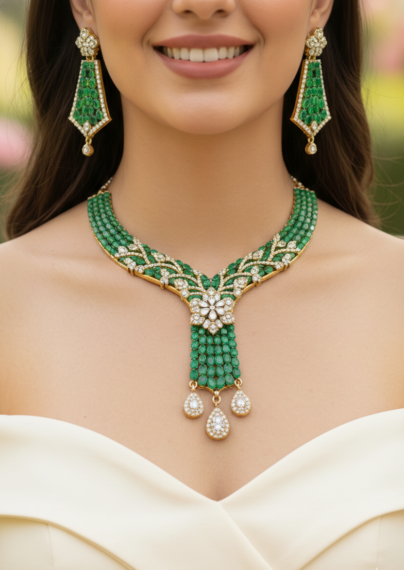 Emerald Green Stone Gold-Plated Necklace Set for Women | Premium CZ Diamond Floral Design Bridal Jewellery Set with Matching Earrings | Wedding & Festive Wear