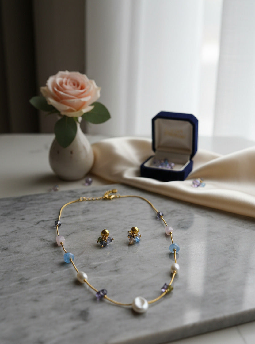 Necklace and Earrings Set for Women with Pearls & Multi-Color Stones