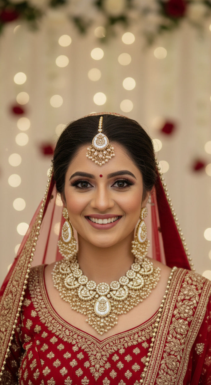 Traditional Gold-Tone Kundan Choker Necklace Set with Earrings & Maang Tikka | Bridal & Wedding Jewelry for Women
