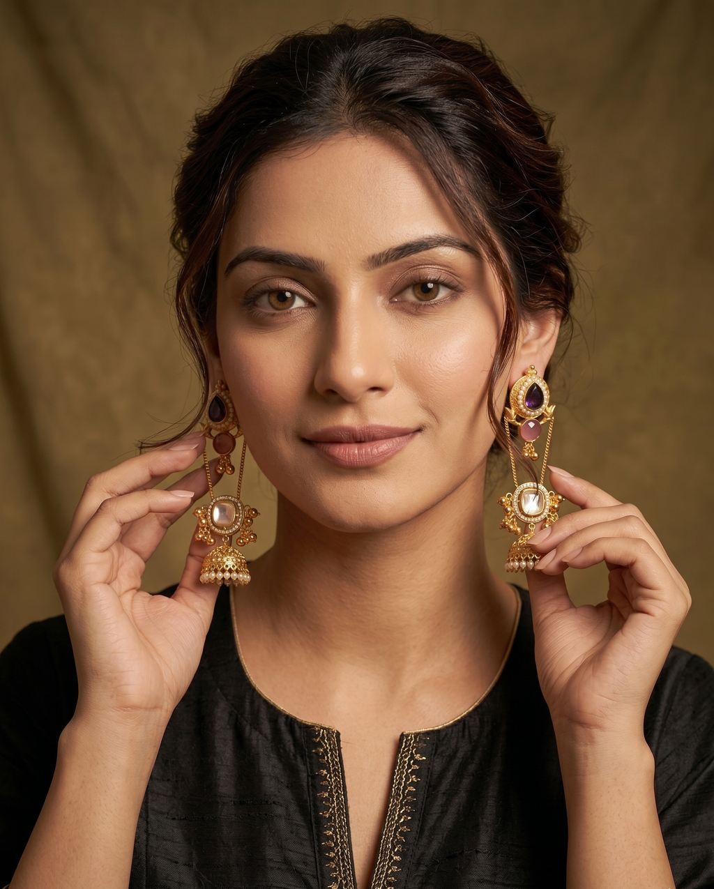 Women's Traditional Gold-Plated Jhumka Earrings with Pearl Beads, Black & Pink Stone Ethnic Dangler Earrings for Wedding, Party & Festive Wear