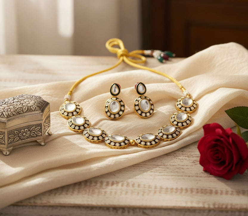 Traditional Kundan Necklace Set for Women – Gold Plated Choker with Matching Earrings