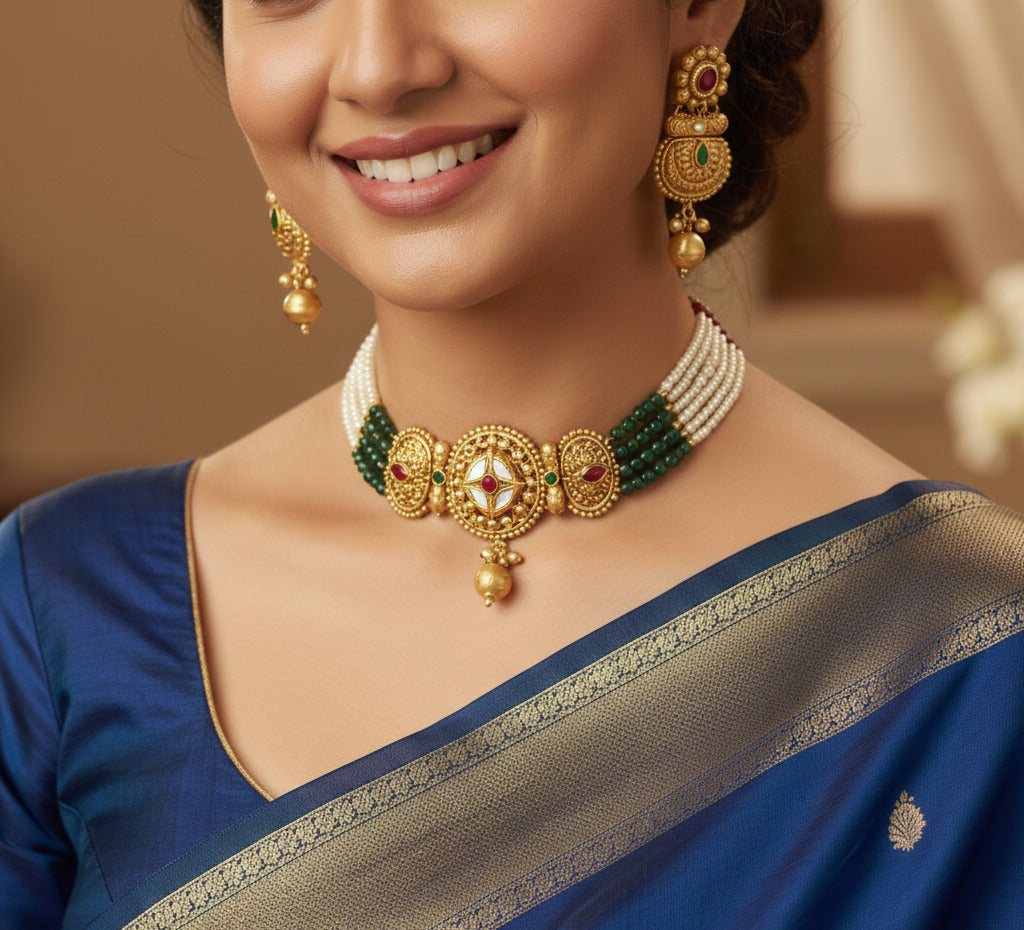 Traditional Kundan Pearl Beaded Choker Necklace Set for Women | Gold-Plated Bridal Jewelry with Matching Earrings | Festive & Wedding Wear Jewellery Set