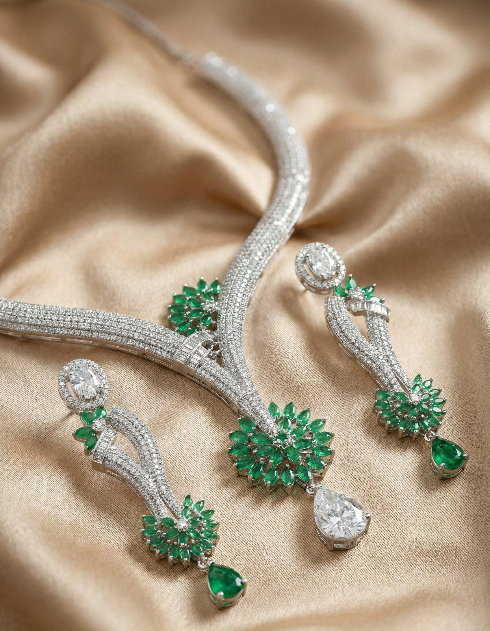 Luxury Silver-Plated Necklace & Earring Set for Women with Emerald Green Stones & Cubic Zirconia – Bridal, Party & Festive Jewelry Set