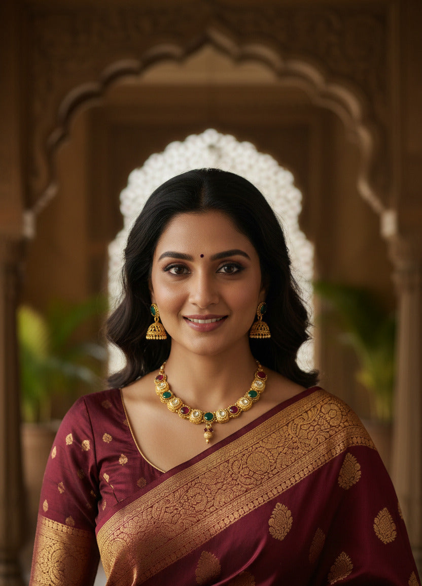 Traditional Gold-Plated Kundan Necklace Set for Women with Matching Jhumka Earrings | Green & Ruby Stones | Bridal & Festive Jewellery