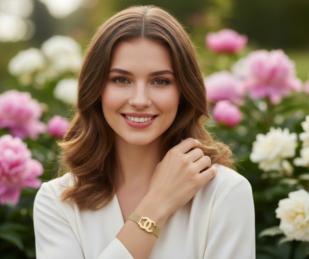 Chanel-Style Gold Mesh Bracelet for Women – Premium Stainless Steel Adjustable Fashion Bracelet with Iconic CC Logo – Lightweight, Durable & Elegant Jewelry Accessory