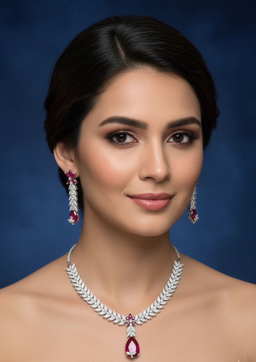 Silver-Plated Necklace and Earrings Set with Ruby Red Stones & CZ Diamonds – Bridal Jewelry Set for Weddings, Parties & Festive Occasions