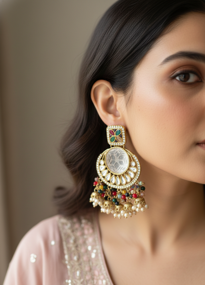 Women’s Traditional Multicolor Stone Chandbali Earrings with Pearl & Bead Jhumka Drop | Ethnic Party & Wedding Jewellery