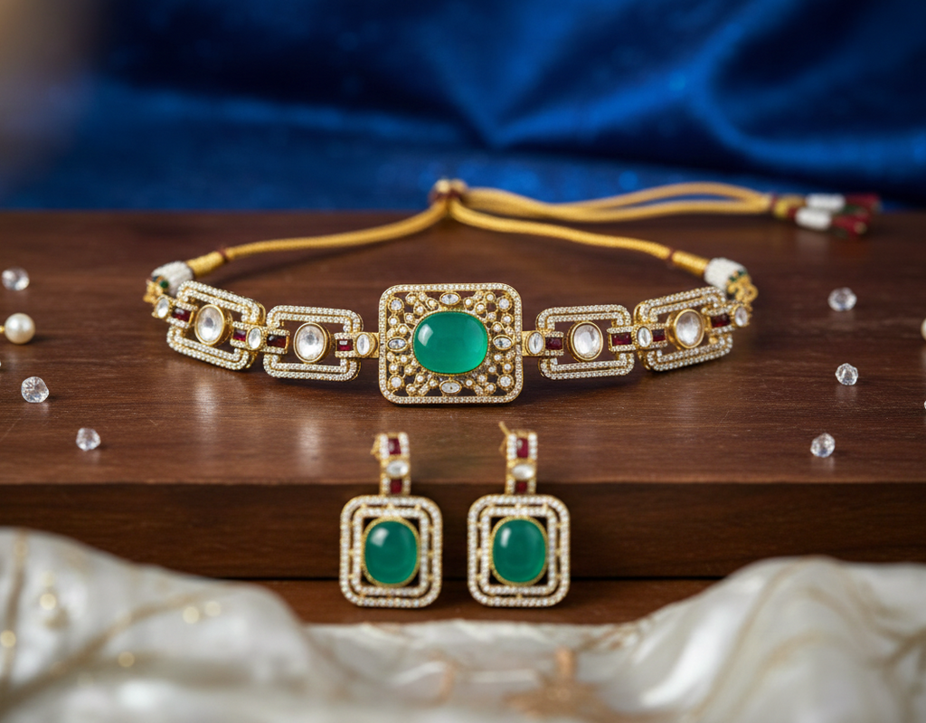 Traditional Gold-Plated Green Stone Choker with Matching Earrings Set | Adjustable Dori Closure | Ethnic Jewellery Set for Women