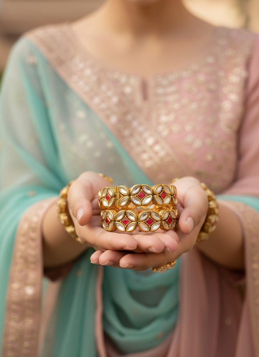 Gold Plated Kundan Bangles for Women | 2-Row Floral Design with Ruby Tone & Clear Stones | Traditional Ethnic Jewellery for Wedding & Festive Wear