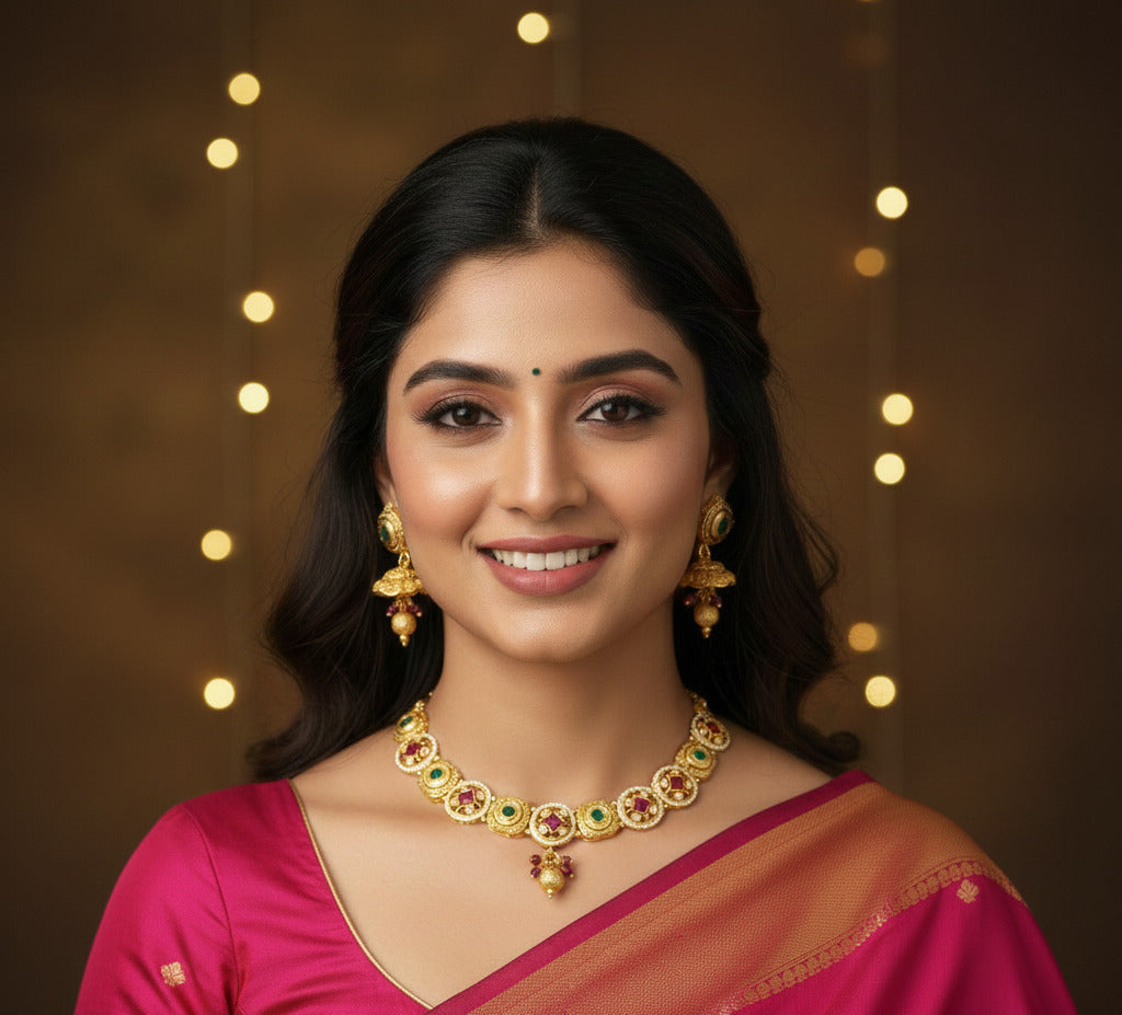 Traditional Gold-Plated Necklace Set for Women with Green & Pink Stones | Antique Temple Jewelry with Earrings | Wedding & Festive Jewellery Se