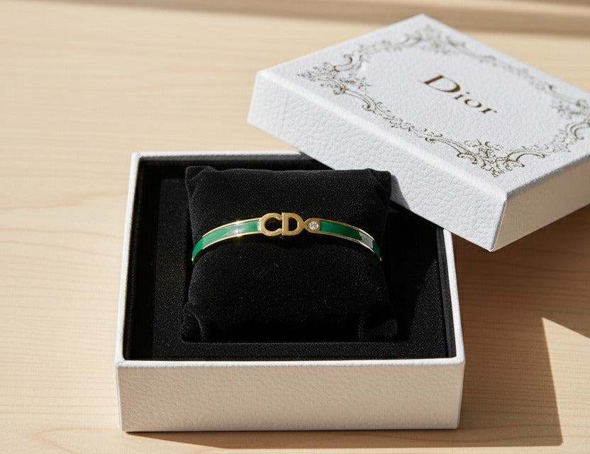 Veltreo International Luxury Gold Plated Bangle Bracelet for Women | Elegant Designer-Inspired Logo with Green Enamel & Crystal Accent | Premium Jewelry Gift