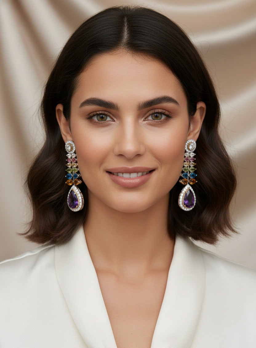 Women’s Multicolor Drop Earrings with Purple Teardrop Stone | Crystal Studded Long Dangle Earrings | Lightweight Fashion Jewellery for Parties, Weddings & Gifting