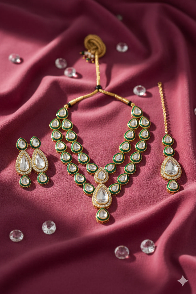 Kundan Bridal Jewellery Set for Women – Green & Gold Plated Necklace with Matching Earrings and Maang Tikka | Traditional Wedding & Festive Wear Jewellery Set