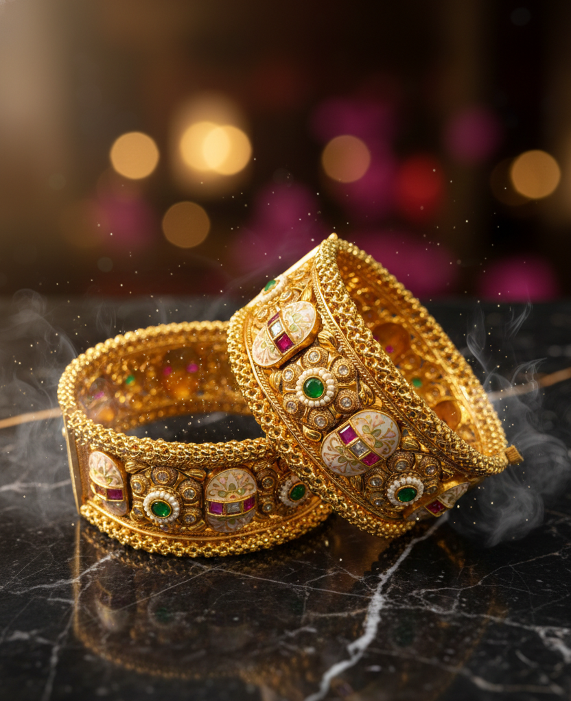 kundan bangles set, bridal gold bangles, meenakari bangles for women, traditional wedding bangles, ethnic gold bangles, indian bridal jewellery, kundan jewellery bangles