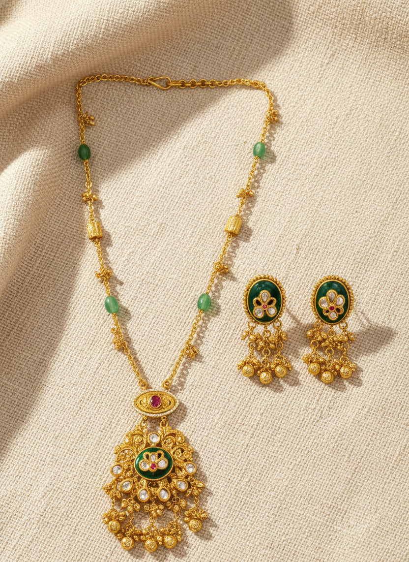 Gold-Tone Necklace and Earring Set for Women | Kundan & Enamel Jewellery with Green Beads | Bridal & Festive Wear Ethnic Jewellery Set