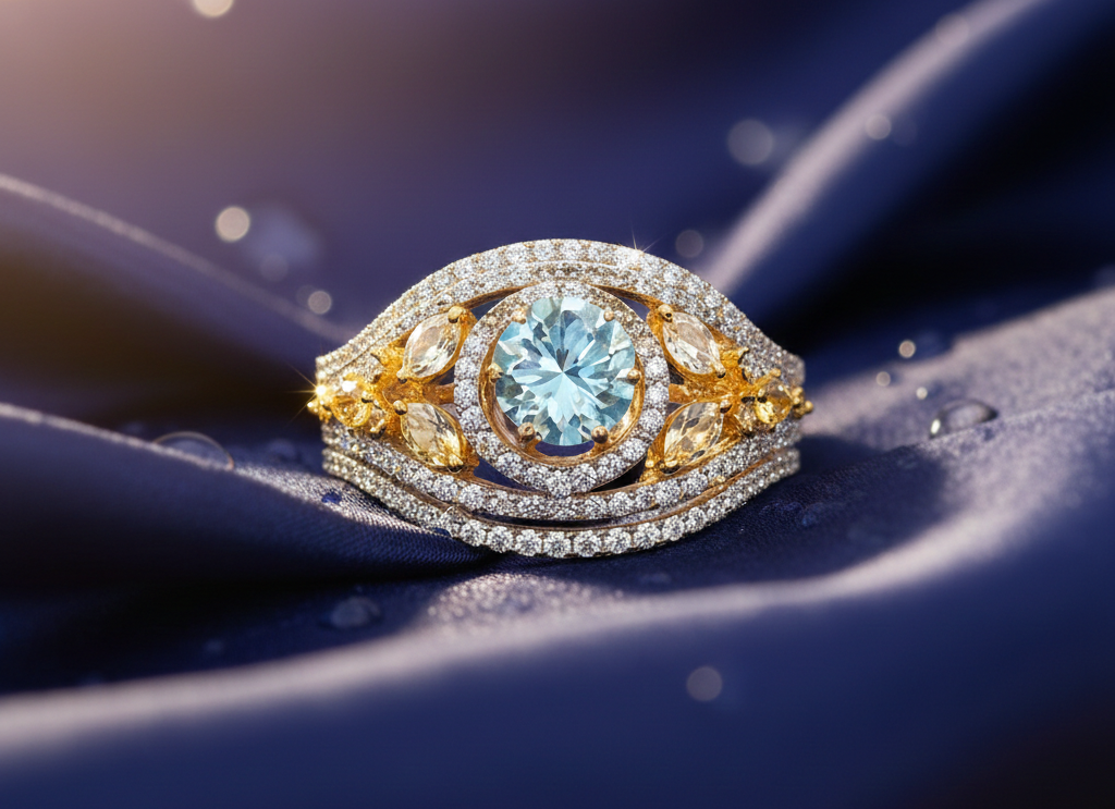 Luxury Aquamarine & Yellow Sapphire Diamond Ring | Two-Tone Gold Finish | Elegant Statement Cocktail Ring for Women