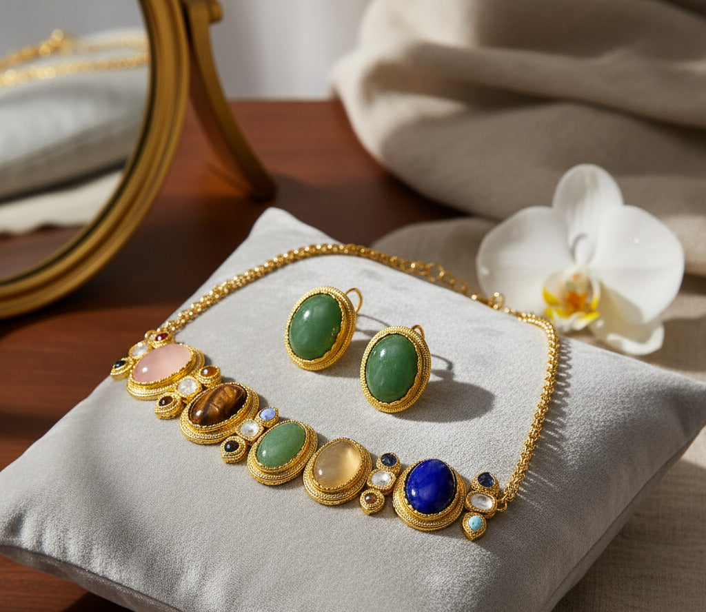 Multicolor Gemstone Gold-Plated Necklace & Earrings Set