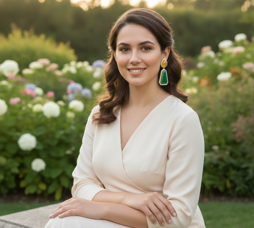 Women’s Statement Drop Earrings – Yellow & Green Dual-Stone Dangle Earrings with Crystal Halo | Party, Wedding & Festive Jewelry | Lightweight & Premium Finish