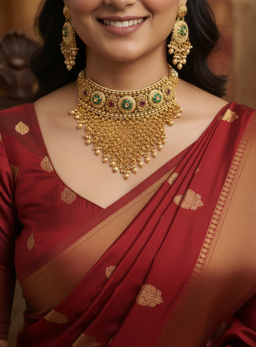 Temple Jewelry Choker with Intricate Beadwork & Green Stone Detailing Gold-Toned Bridal Necklace Set with Earrings for Women