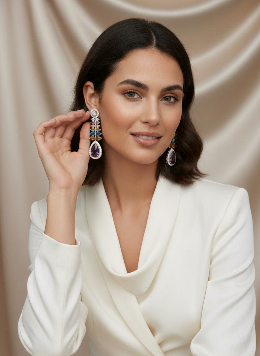 Women’s Multicolor Drop Earrings with Purple Teardrop Stone | Crystal Studded Long Dangle Earrings | Lightweight Fashion Jewellery for Parties, Weddings & Gifting