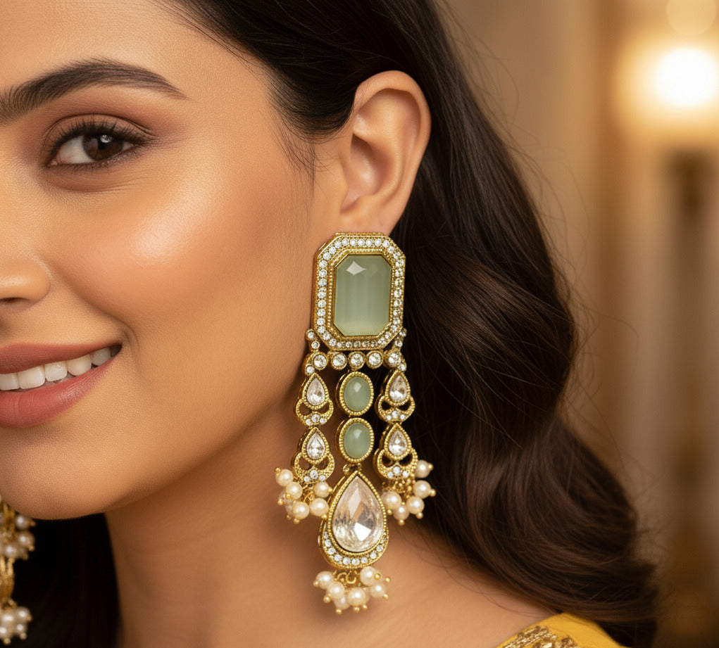 Kundan and Beaded Drop with Pearls & Green Stones Earrings