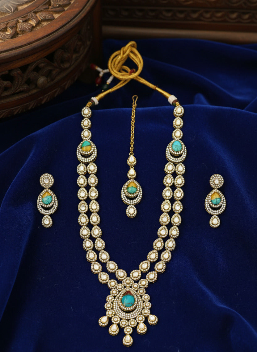 Traditional Kundan & Beaded Necklace Set for Women – Gold-Plated Bridal Jewelry Set with Earrings & Maang Tikka – Indian Ethnic Wedding Jewelry