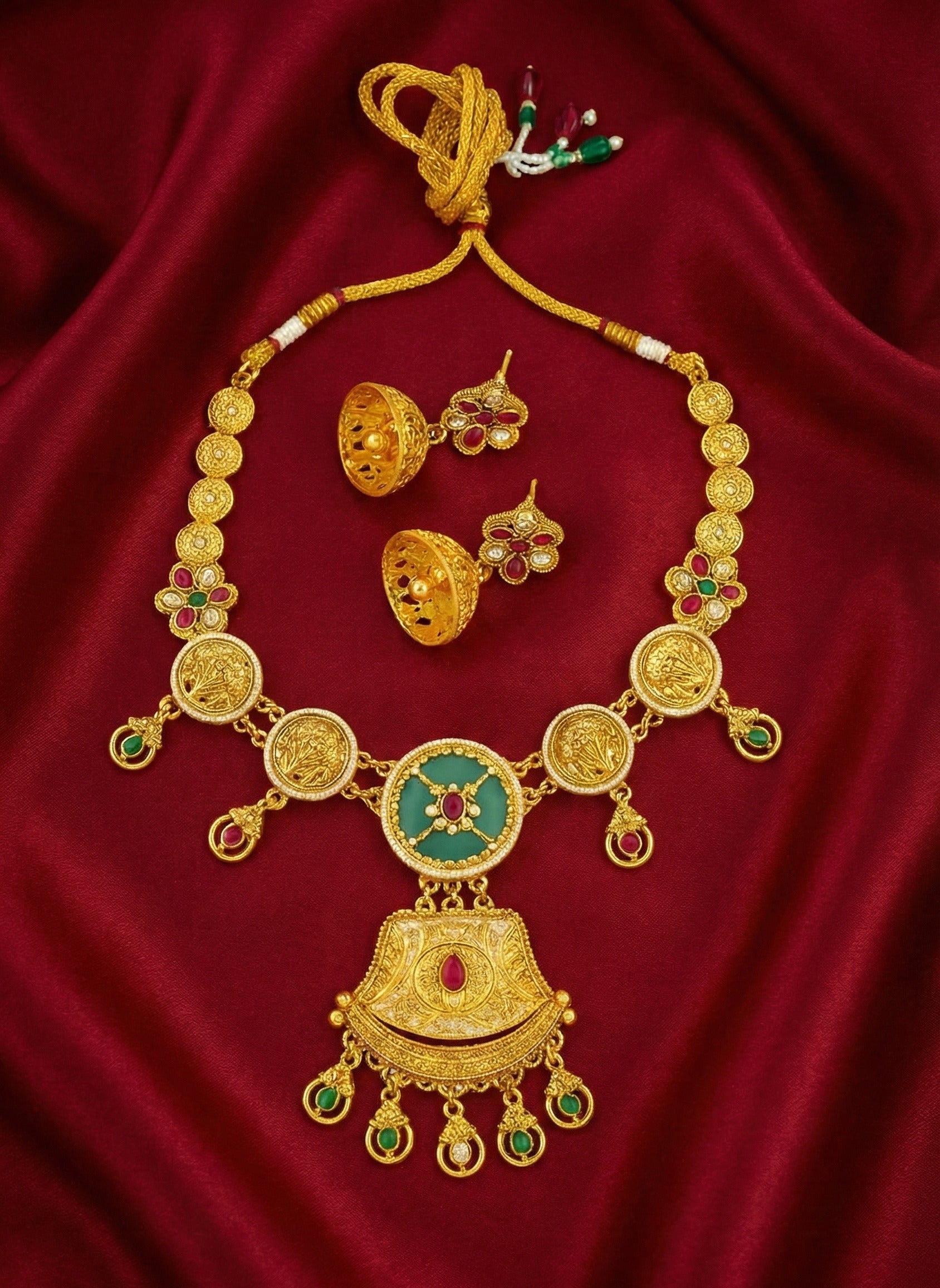 Traditional Gold-Plated Necklace Set for Women with Matching Jhumka Earrings | Temple Jewellery Design | Red & Green Stone Work | Wedding & Festive Wear