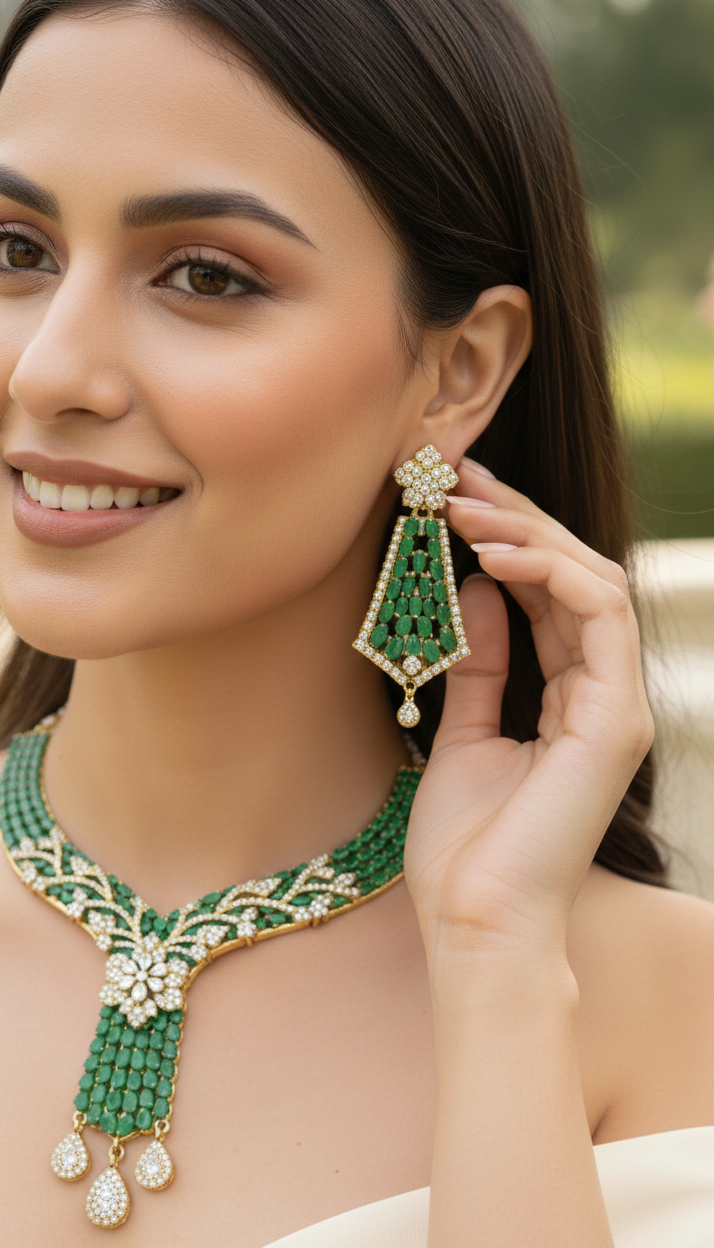 Emerald Green Stone Gold-Plated Necklace Set for Women | Premium CZ Diamond Floral Design Bridal Jewellery Set with Matching Earrings | Wedding & Festive Wear