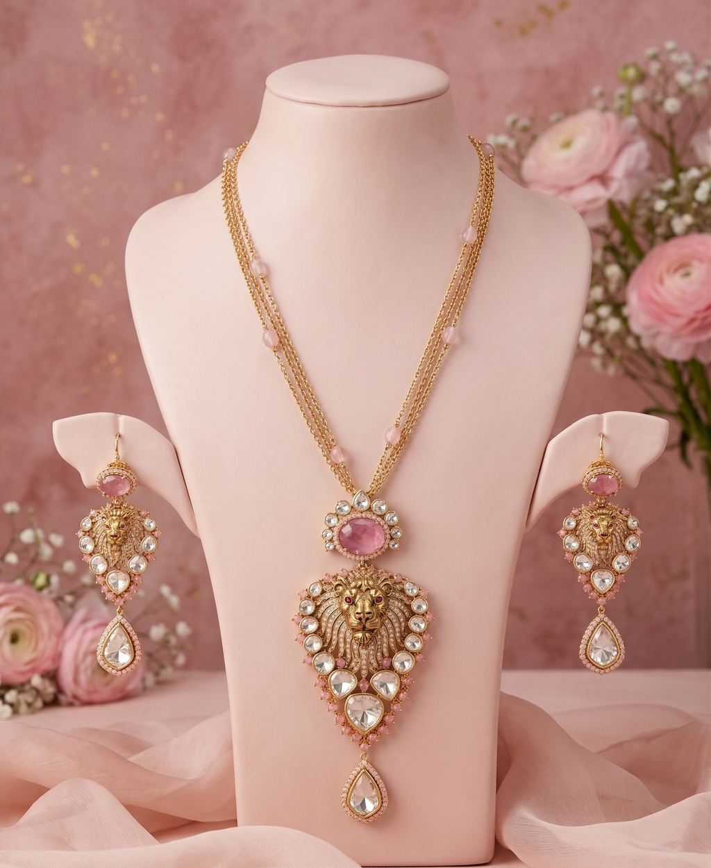 Pink Lion Design Gold-Plated Silver Base Necklace Set for Women | Statement Pendant Necklace with Matching Earrings | Traditional Party & Wedding Jewellery Set