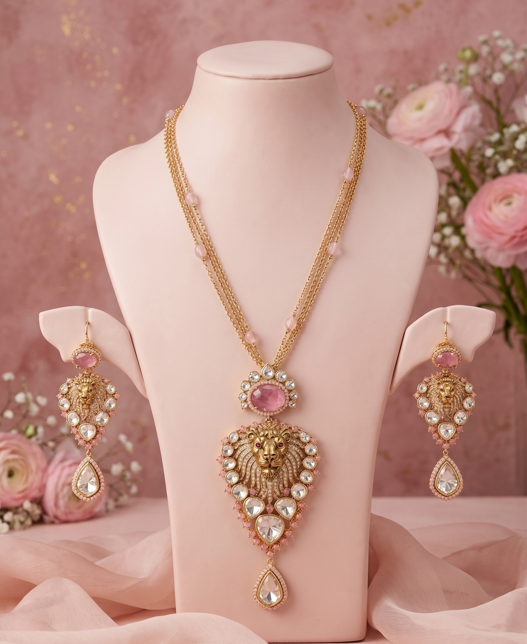 Pink Lion Design Gold-Plated Silver Base Necklace Set for Women | Statement Pendant Necklace with Matching Earrings | Traditional Party & Wedding Jewellery Set