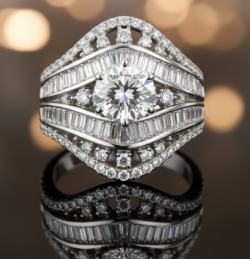 Luxury Silver-Tone Diamond Look Statement Ring for Women | Round Cut Center Stone | Baguette & Pave Setting | Bridal, Party & Wedding Jewellery