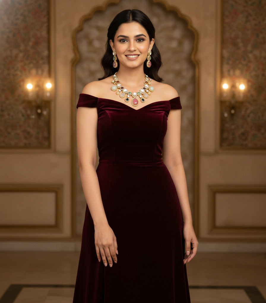 Kundan Polki Multicolour Gemstone Necklace with Matching Earrings for Women | Bridal Wedding Jewellery Set | Premium Gold-Plated Traditional Indian Necklace Set