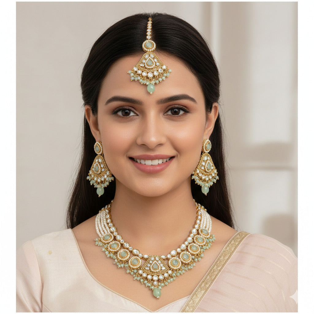 Kundan Pearl & Green Bead Jewellery Set for Women – Maang Tikka & Earrings – Wedding, Festive & Bridal Jewellery