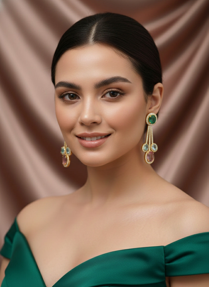 Gold-Plated Multicolor Stone Dangle Earrings for Women | Emerald Green, Aqua Blue & Pink Gemstone Long Drop Earrings | Premium Fashion Jewellery for Weddings & Parties