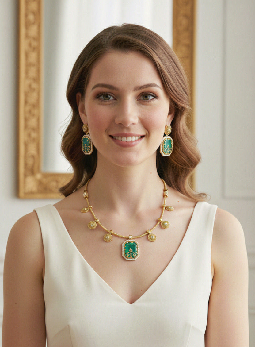 raditional Gold-Plated Maroon/Green Enamel Necklace Set for Women | Designer Pendant Necklace with Matching Earrings | Festive & Wedding Jewellery Set