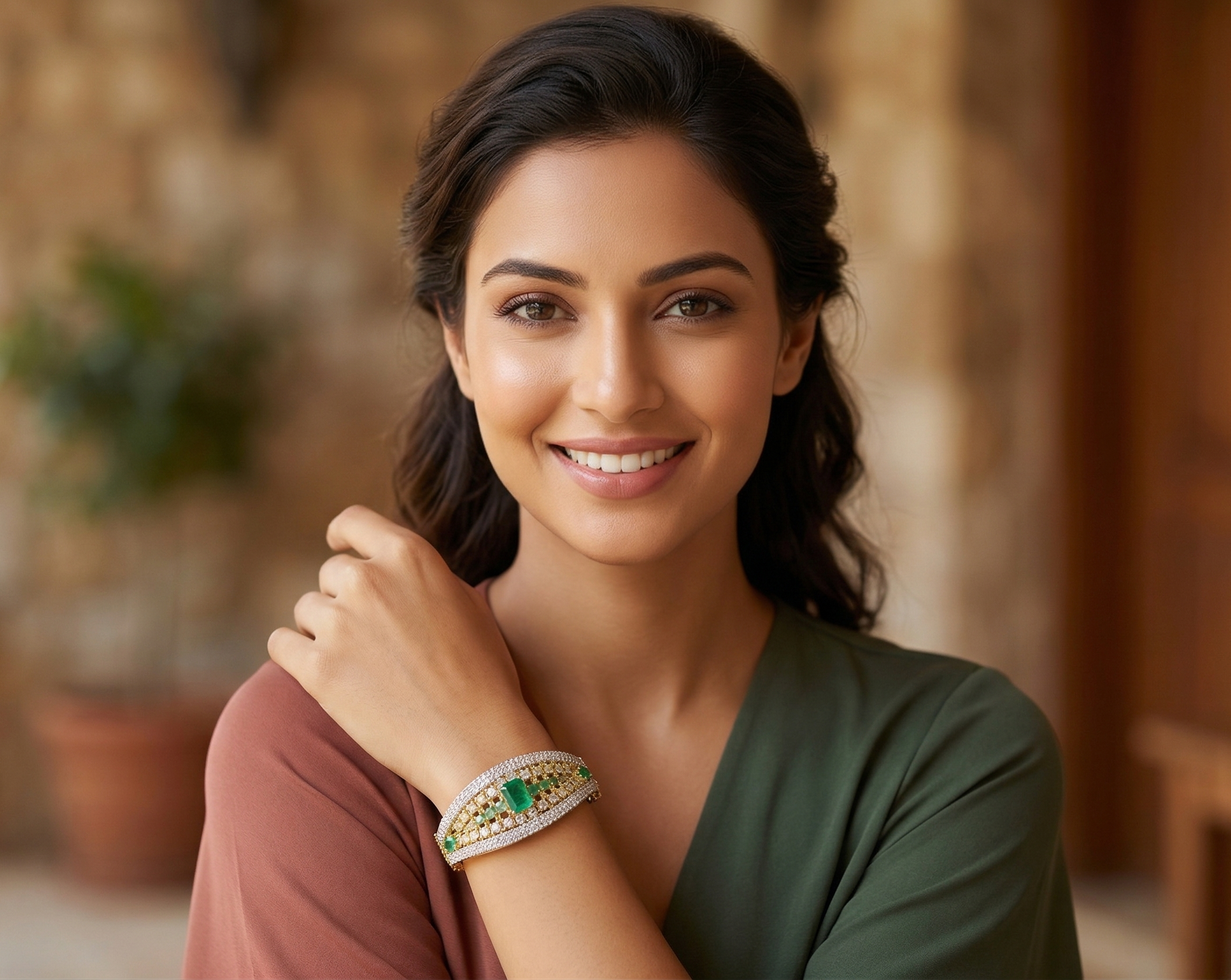 Gold-Plated Designer Kada Bracelet with Green Stone & American Diamond Work for Women | Elegant Party Wear Bangle