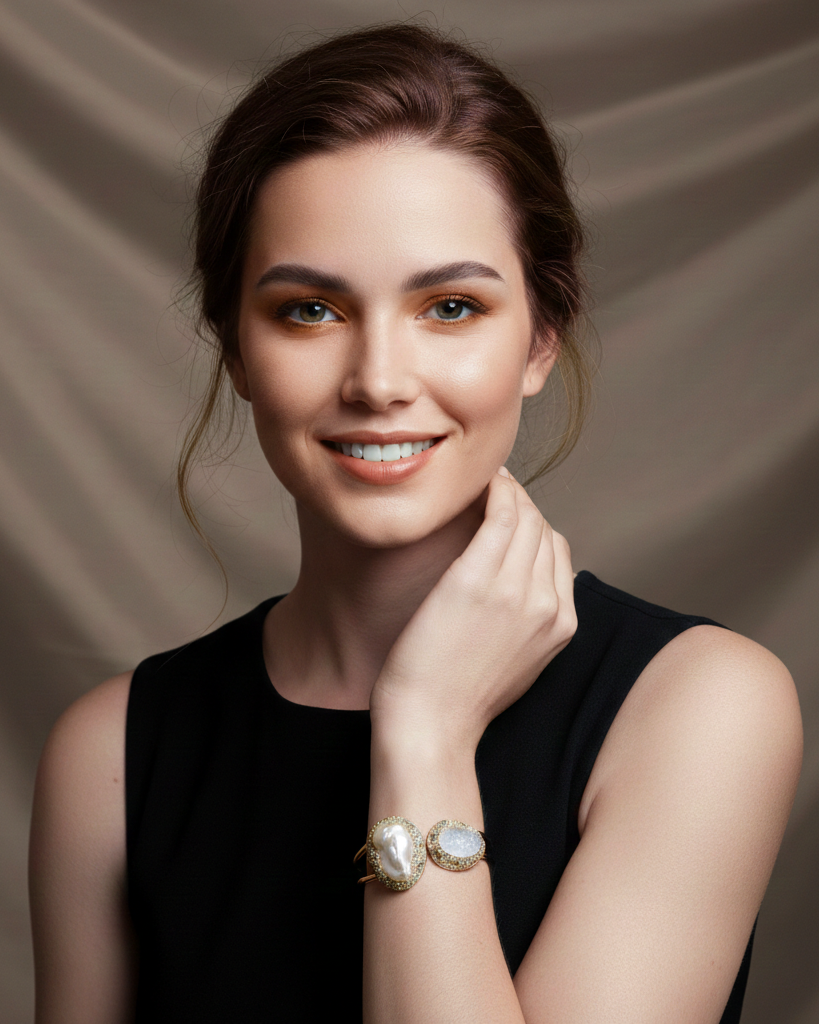 Gold Plated Open Cuff Bracelet with Baroque Pearl & Druzy Stone | Handcrafted Fashion Jewellery for Women