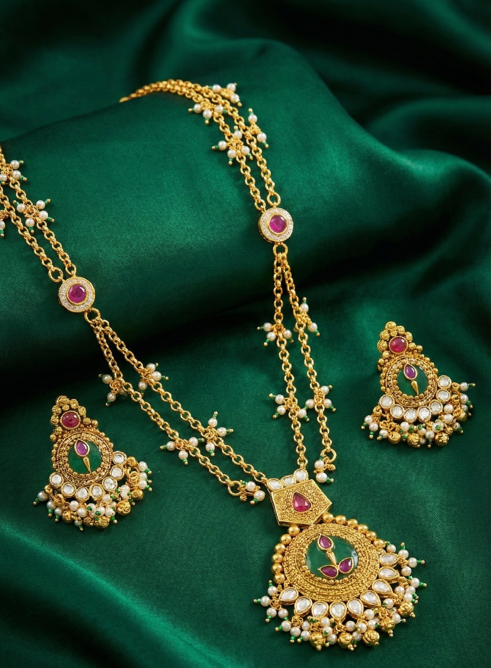 Traditional Gold-Plated Kundan Necklace Set for Women with Earrings | Handcrafted Enamel & Stone Work Bridal Jewellery | Festive & Wedding Wear