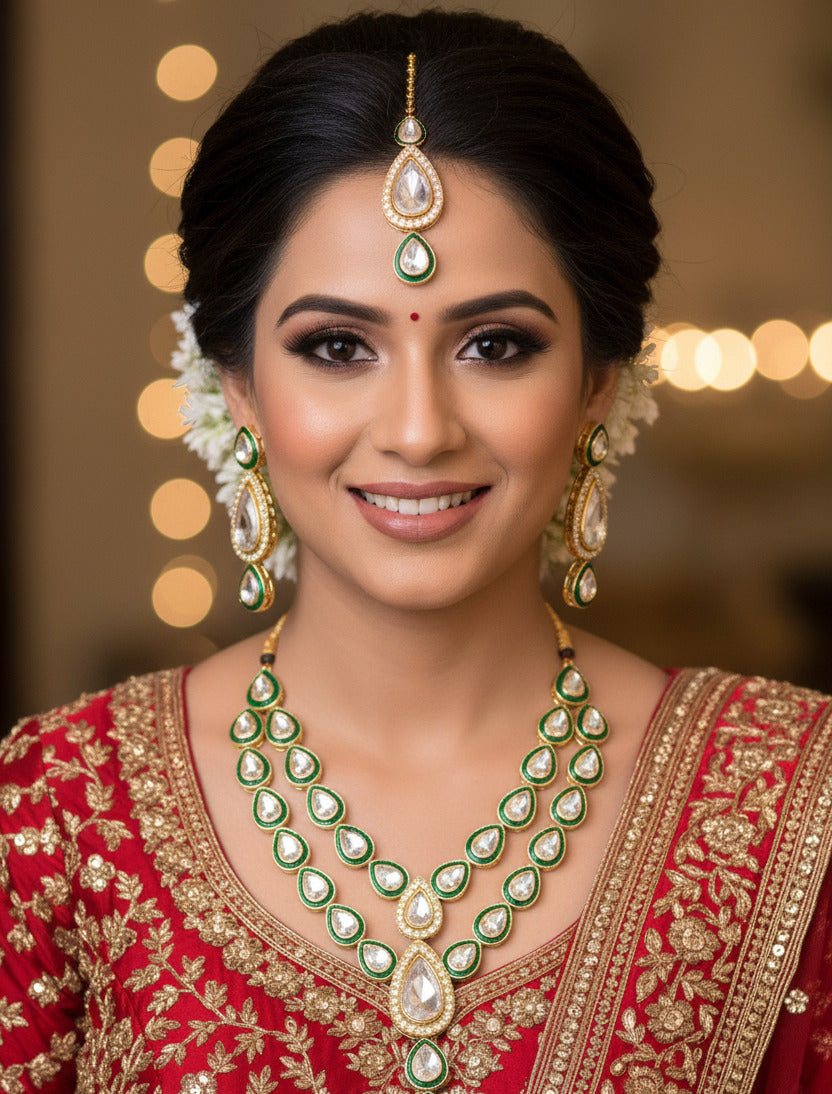 Kundan Bridal Jewellery Set for Women – Green & Gold Plated Necklace with Matching Earrings and Maang Tikka | Traditional Wedding & Festive Wear Jewellery Set