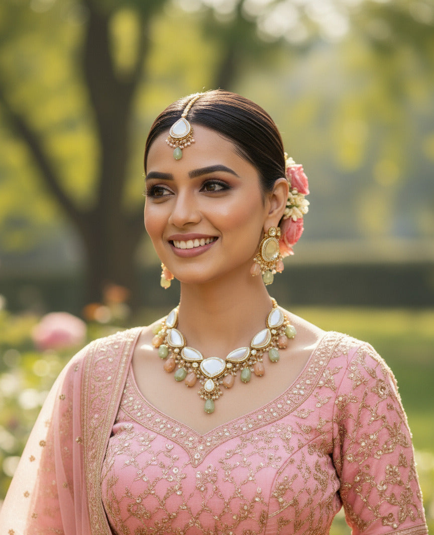 Kundan Meenakari Necklace Set for Women – Gold Plated with Sky Blue Stones & Multi-Colour Enamel Beads | Bridal Choker Set with Earrings & Maang Tikka