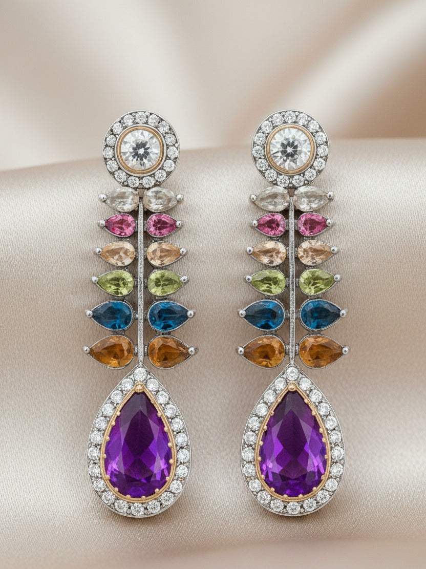 Women’s Multicolor Drop Earrings with Purple Teardrop Stone | Crystal Studded Long Dangle Earrings | Lightweight Fashion Jewellery for Parties, Weddings & Gifting