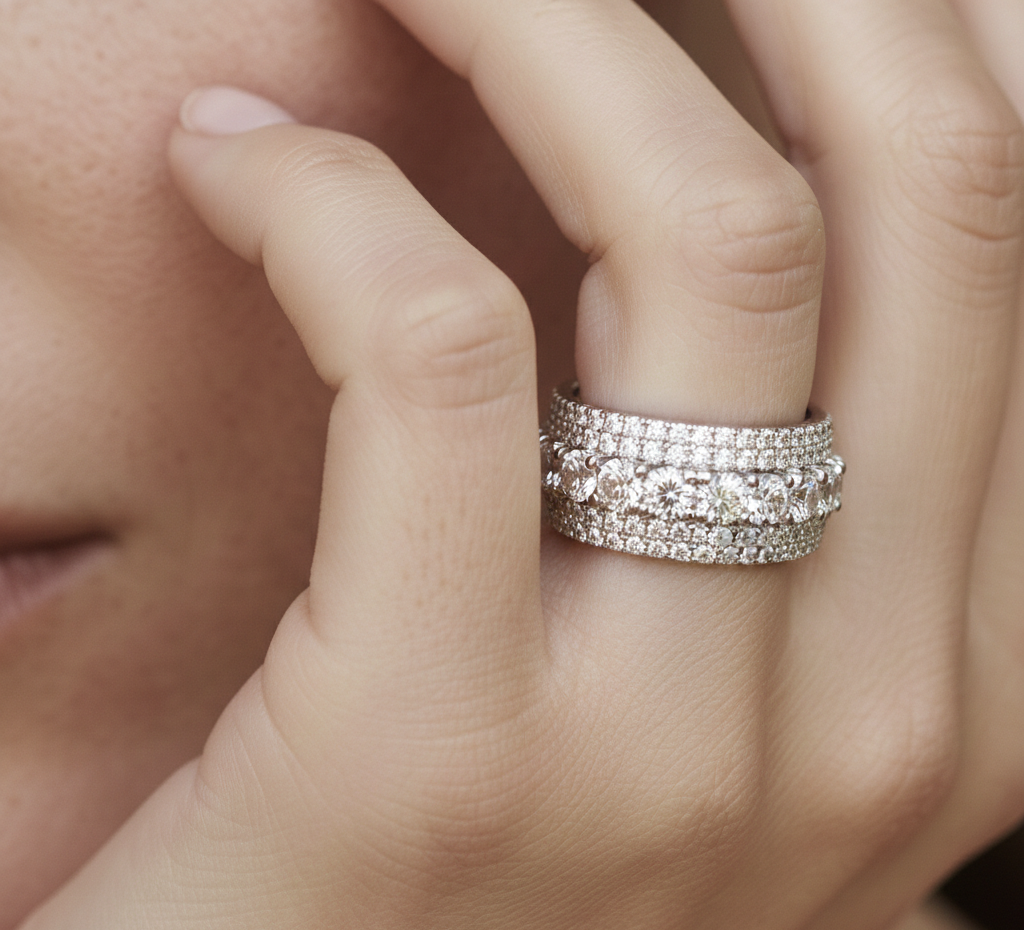 Sterling Silver Wide Band Ring with Cubic Zirconia | Triple Row Pavé Adjustable Ring | Statement Jewelry for Women