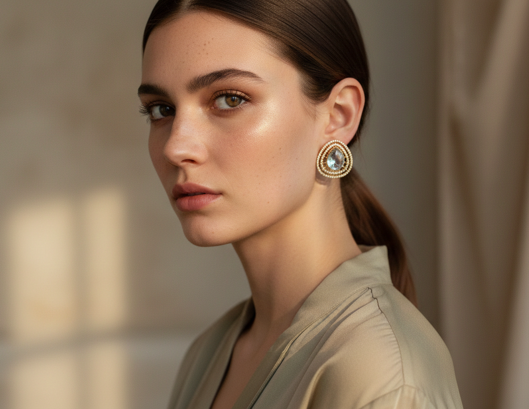 Gold-Plated Teardrop Stud Earrings with Light Blue Stone | Crystal-Embedded Designer Fashion Jewellery for Women