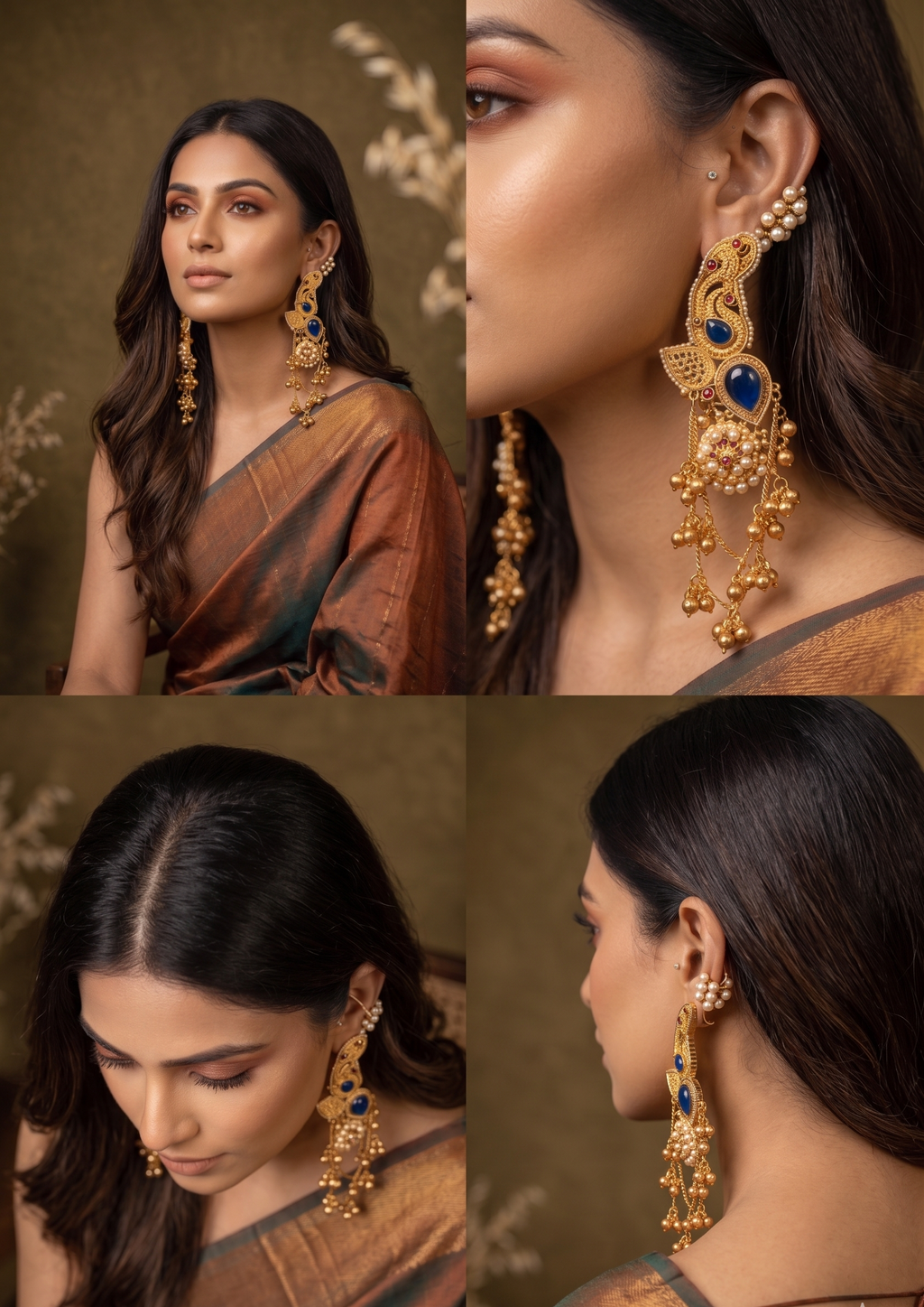 Traditional Gold-Plated Peacock Design Chandbali Earrings with Blue Stone & Pearl Tassels for Women | Ethnic Wedding Party Jewellery