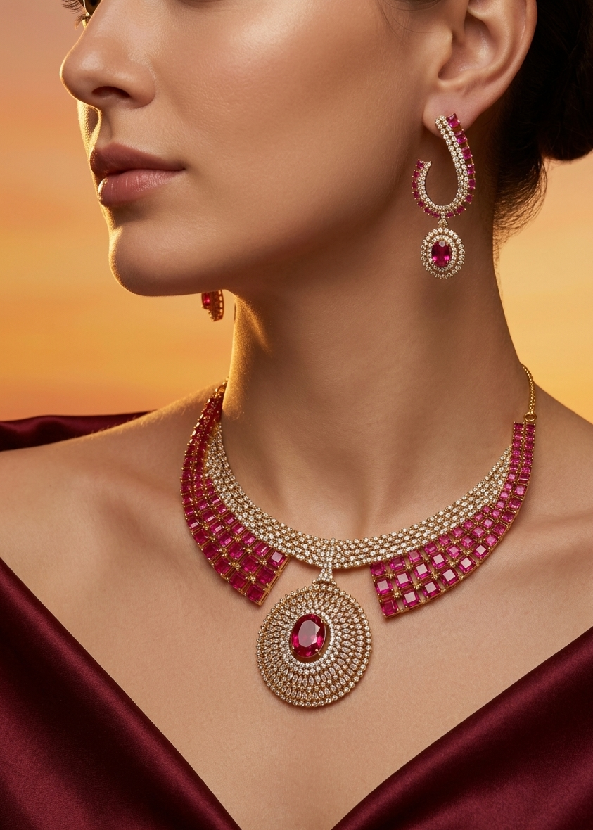 Gold-Plated Bridal Necklace Set for Women | Pink Stone & American Diamond Jewellery Set | Wedding & Party Wear with Matching Earrings