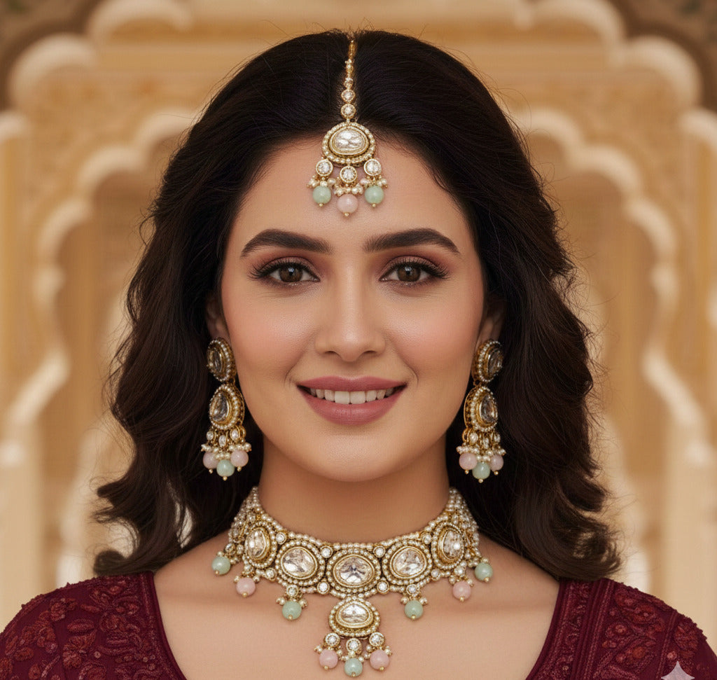 Kundan Choker Necklace Set for Women with Earrings & Maang Tikka | Bridal Jewelry Set with Pearl & Pastel Beads