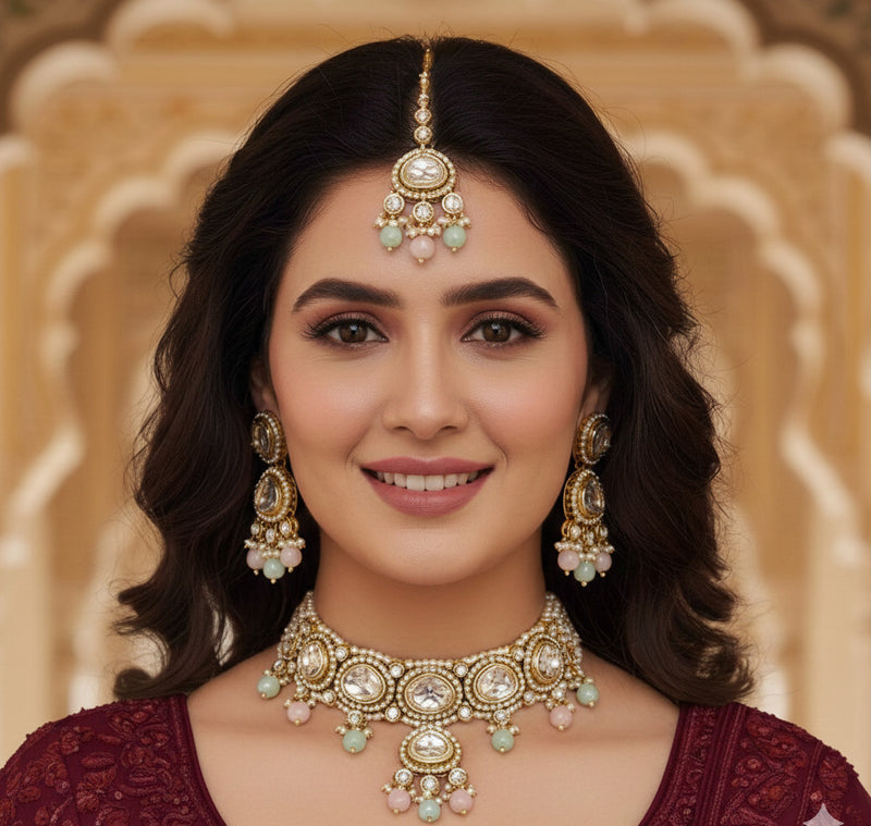 Kundan Choker Necklace Set for Women with Earrings & Maang Tikka | Bridal Jewelry Set with Pearl & Pastel Beads