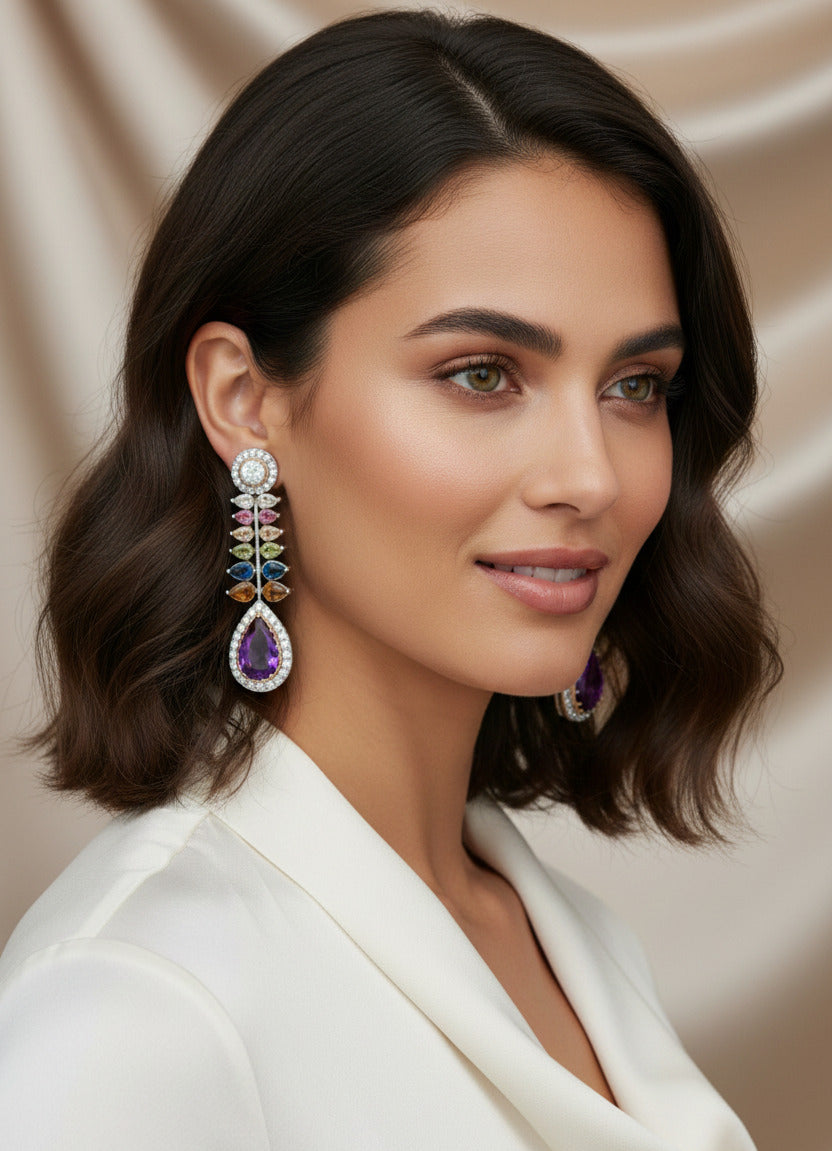Women’s Multicolor Drop Earrings with Purple Teardrop Stone | Crystal Studded Long Dangle Earrings | Lightweight Fashion Jewellery for Parties, Weddings & Gifting